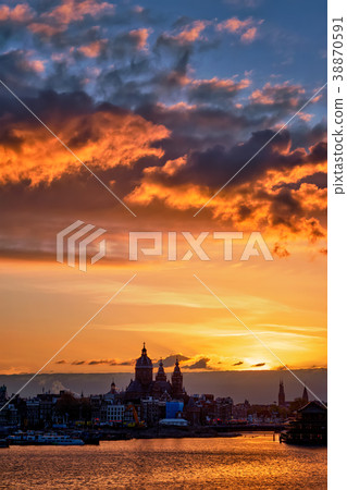Amsterdam cityscape skyline with Church of Sain Amsterdam cityscape skyline with Church of Sain 38870591