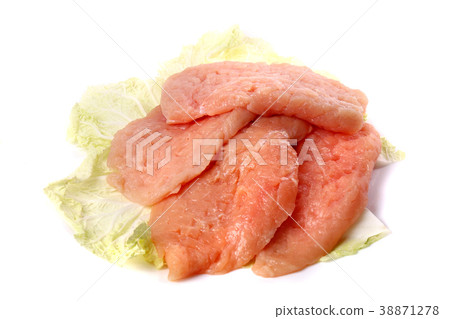 Raw sliced meat on a cabbage leaf 38871278