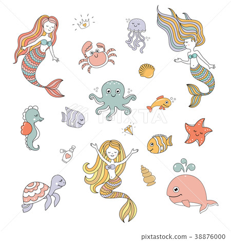 Mermaids cartoon characters with cute sea animals 38876000