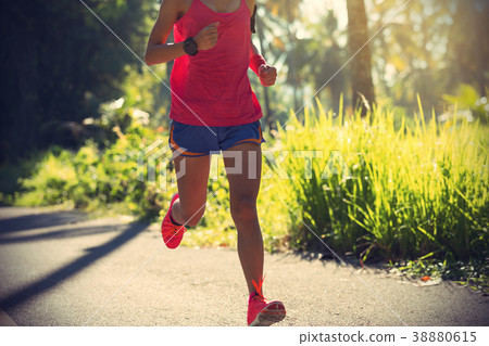 woman running on morning tropical forest trail 38880615
