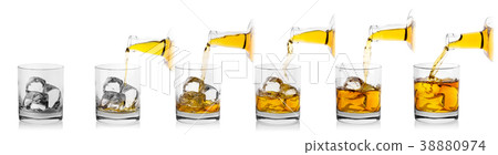Process of pouring whiskey from bottle into glass Process of pouring whiskey from bottle into glass 38880974