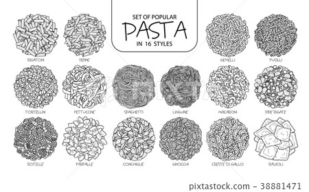 Set of isolated popular pasta in 16 styles. 38881471