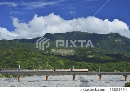 Taiwan, Taitung, Dulan Mountain, Beinan Creek, Holy Mountain, Bridge, Blue Sky, White Clouds, Railway, Train, Traffic Taiwan, Taitung, Dulan Mountain, Beinan Creek, Holy Mountain, Bridge, Blue Sky, White Clouds, Railway, Train, Traffic 38881664