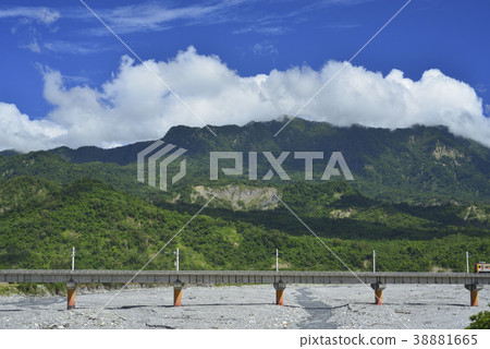 Taiwan, Taitung, Dulan Mountain, Beinan Creek, Holy Mountain, Bridge, Blue Sky, White Clouds, Railway, Train, Traffic Taiwan, Taitung, Dulan Mountain, Beinan Creek, Holy Mountain, Bridge, Blue Sky, White Clouds, Railway, Train, Traffic 38881665