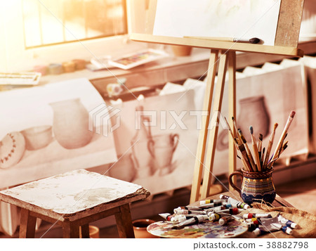 Authentic paint brushes still life on table in art 38882798