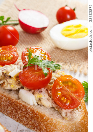 Closeup of sandwiches or baguette with mackerel Closeup of sandwiches or baguette with mackerel 38883873