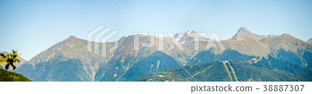 Panoramic photo of mountainous area with green 38887307
