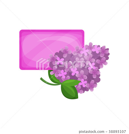 Bar of purple hygienic soap and flowering branch 38893107