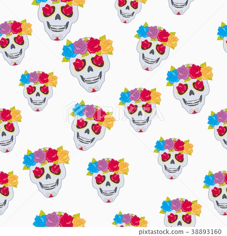 Human Skull and Flower Wreath Seamless Pattern. 38893160