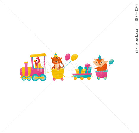 Funny parrot, tiger and fox with balloons on train 38894026