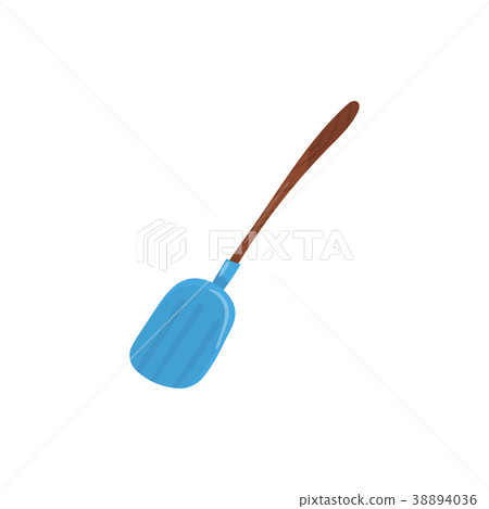Blue steel shovel with brown wooden handle. Round 38894036