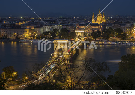 Elevated twilight shot of Chain Bridge Budapest 38898709