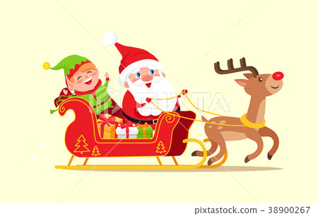 Santa and Elf Cartoon Characters Riding on Sleigh Santa and Elf Cartoon Characters Riding on Sleigh 38900267