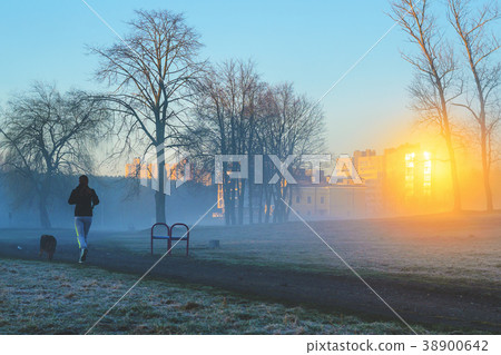 Woman running in park during foggy morning 38900642