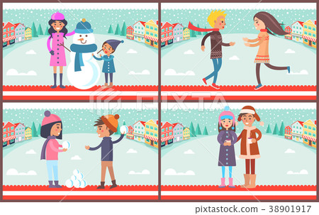Mother and Son with Snowman Vector Illustration 38901917