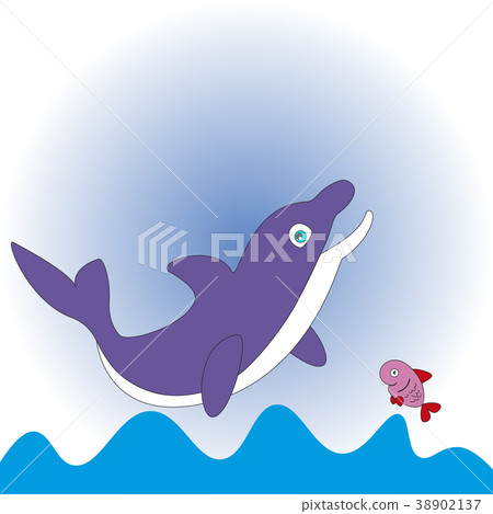 Cartoon Dolphin and little fish. 38902137