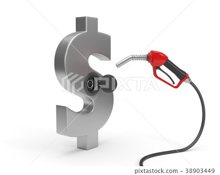 red fuel nozzle fueling up a dollar symbol. 3d red fuel nozzle fueling up a dollar symbol. 3d 38903449