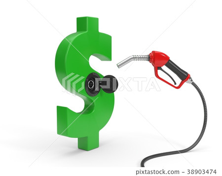 red fuel nozzle fueling up a dollar symbol. 3d 38903474