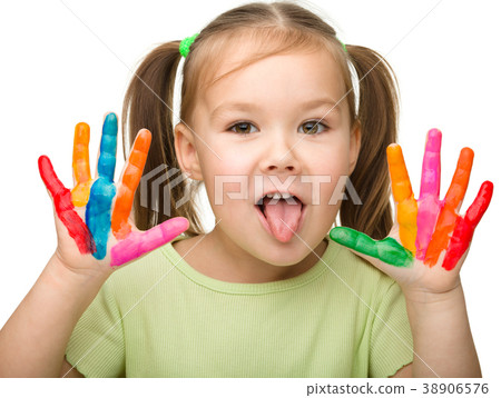 Cheerful girl with painted hands Cheerful girl with painted hands 38906576