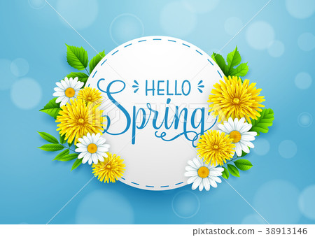 Hello Spring background with wreath, and frame rou 38913146