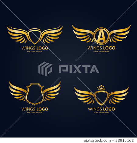 Set of gold heraldic winged shields in different s 38913168