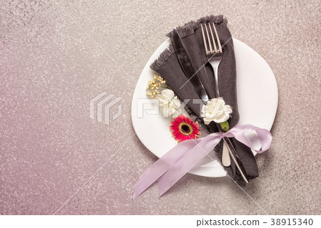 Festive table setting, top view with copy space. 38915340