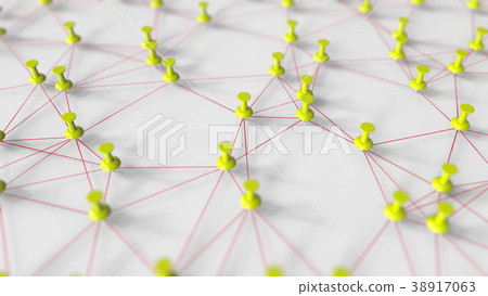 Many yellow pushpins and threads compose a grid on Many yellow pushpins and threads compose a grid on 38917063