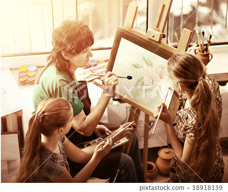 Artist painting easel in studio. Authentic Artist painting easel in studio. Authentic 38918139