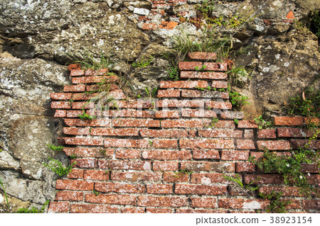 Old stone brick stairs overgrown with plants 38923154