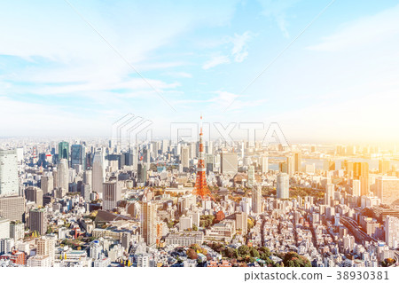 aerial city skyline with tokyo tower, japan aerial city skyline with tokyo tower, japan 38930381