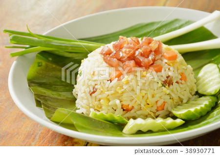 fried rice with chop Chinese sausage on leaf fried rice with chop Chinese sausage on leaf 38930771