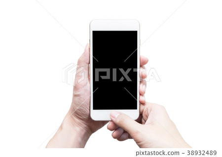 Hands holding smartphone with black mockup screen. 38932489