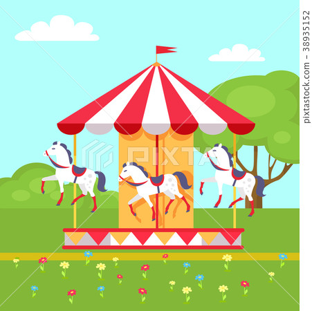 Rotating Horses Carousel in City Park, Vector 38935152