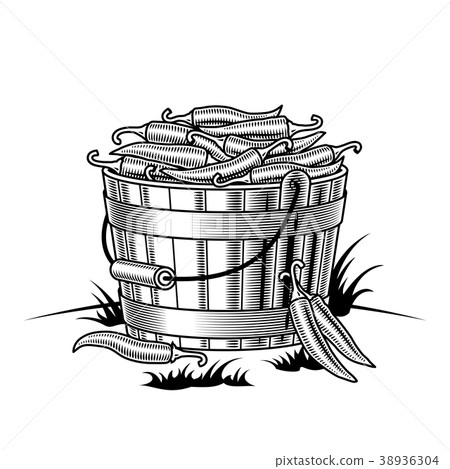 Retro bucket of chili peppers black and white Retro bucket of chili peppers black and white 38936304