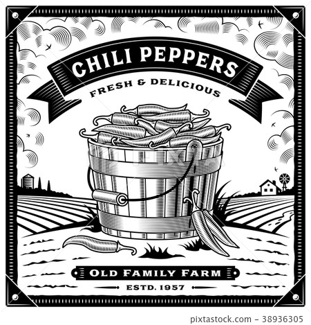 Retro chili pepper harvest label with landscape Retro chili pepper harvest label with landscape 38936305