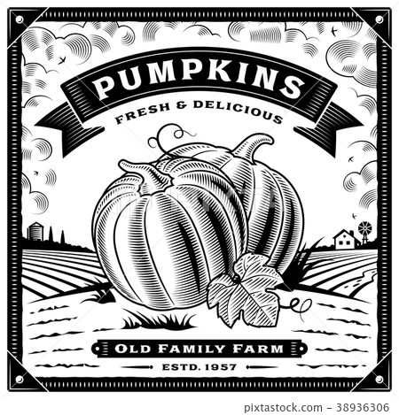 Retro pumpkin harvest label with landscape 38936306