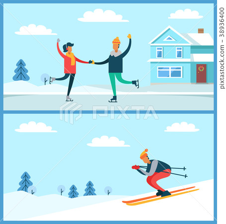 Skating Couple and Skier Set Vector Illustration 38936400