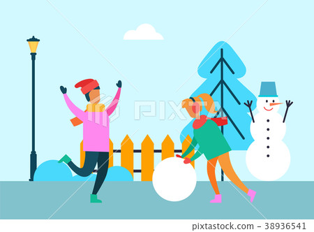 People Having Fun Outdoors, Girl with Ball of Snow People Having Fun Outdoors, Girl with Ball of Snow 38936541