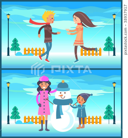 Happy Couple Boy and Girl Running, Mother Snowman Happy Couple Boy and Girl Running, Mother Snowman 38937917