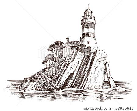 Lighthouse and sea. Marine sketch, nautical 38939613