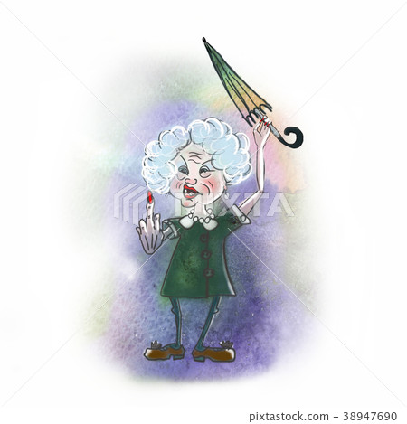 Furious old lady with umbrella.  38947690