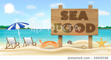 sea food wood board sign on sea sand beach sea food wood board sign on sea sand beach 38948586