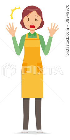 A middle-aged housewife with an apron is surprised 38948970