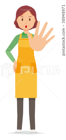 A middle-aged housewife wearing an apron offers a hand 38948971