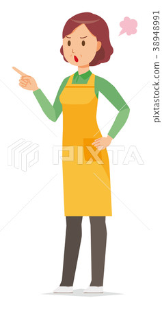 Middle-aged housewife wearing an apron is angry and pointing a finger Middle-aged housewife wearing an apron is angry and pointing a finger 38948991