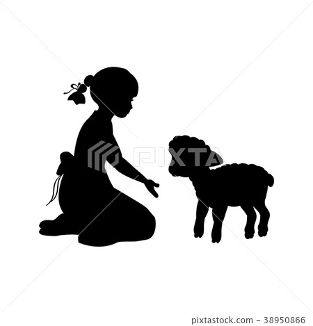 Silhouette girl sitting knees beckon lamb 38950866