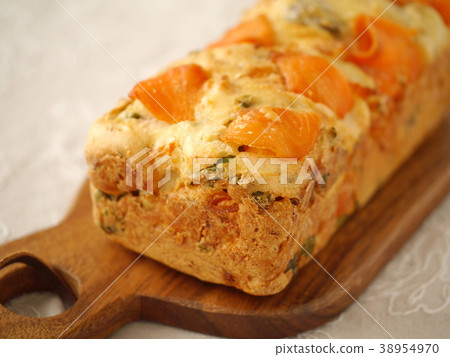 Smoked salmon and quail egg cake horizontal position (cutting board) 38954970