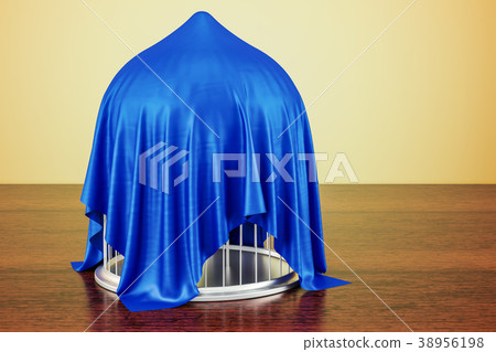 Silver bird cage covered blue cloth 38956198