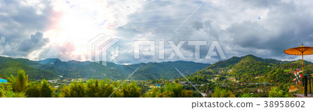 Pong Yang village with green mountain and cloud Pong Yang village with green mountain and cloud 38958602