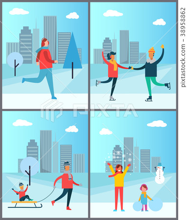 Woman Jogging, Happy Couple Dancing on SkatesSet 38958862